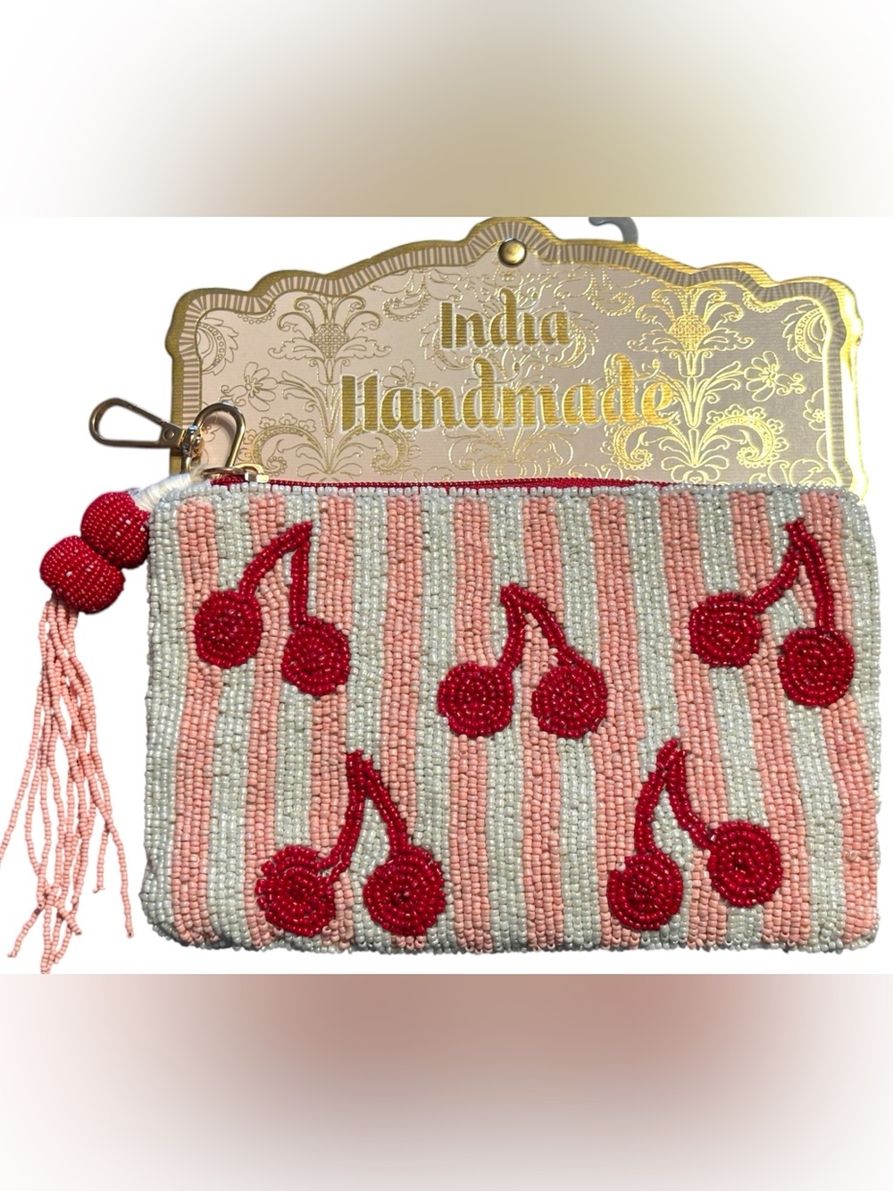NWT•India Handmade Cherry Themed Beaded Clutch